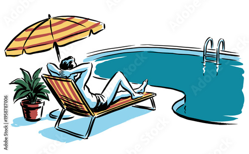 Poolside relaxation. Endless summer vibes. Sun lounger vacation art. Retro holiday illustration for poster, sticker, and apparel design.