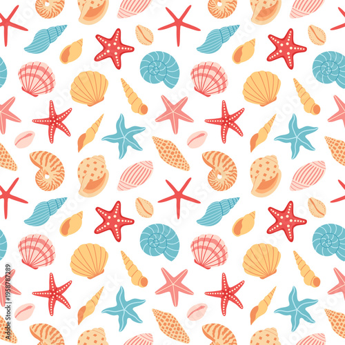 Seamless summer pattern with colorful seashells and starfish on white background. Cute marine illustration for fabric, wallpaper, wrapping, print and coastal design. Flat vector. Hand drawn.