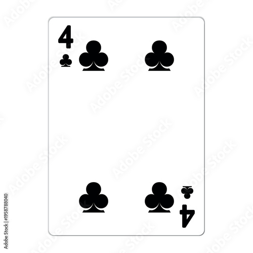 Four of clubs. Playing card with golden elements. Casino icons. Pictograms representing different suits. Vector illustration. Flat design for modern visual elements.