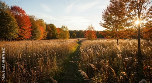Serene Autumn Landscape with Sunlight Filtering Through Trees in a Meadow