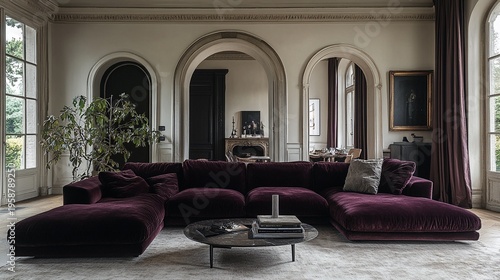 Wallpaper Mural Modern luxurious living room interior with dark purple velvet sofa and coffee table in elegant home with arched windows Torontodigital.ca