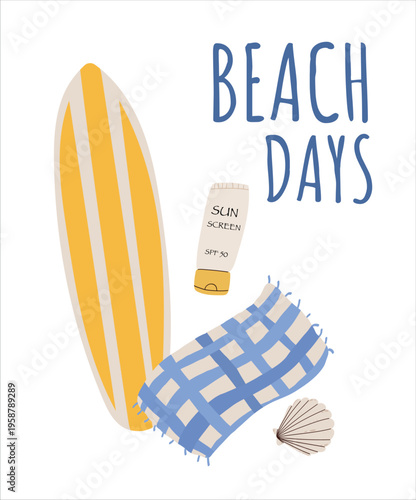 Dopamine Summer Poster Beach Days. Cute Summer Vacation Design Elements