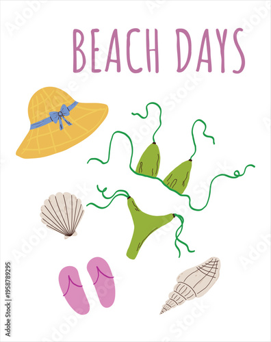 Dopamine Summer Poster Beach Days, Bikini, Straw Hat, Flip Flops, and Seashells. Cute Summer Vacation Design Elements