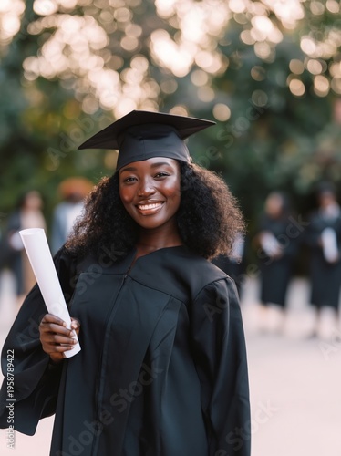 Young black woman in graduation cap and gown smiles while holding diploma, with blurred graduates in the background celebrating academic achievement outdoors