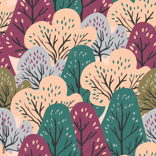 Seamless pattern with trees, plants. Color vector background. Spring, autumn tree for your design. Eco idea concept. Print design for wallpapers, fabric, textile.