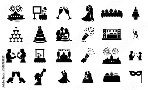 Wedding Reception Celebration Silhouettes Set – Bride Groom Dance Cake Champagne DJ Party Icons