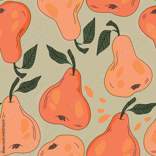 Seamless pattern with pear on color background. Natural delicious fresh ripe tasty fruit. Sweet pears with leaves. Food concept. Vector illustration for print, fabric, textile.