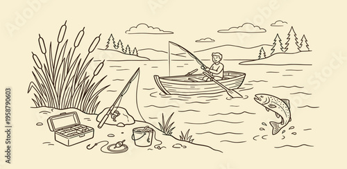 Line art illustration of a person fishing from a boat with a leaping trout and fishing gear on a serene lake