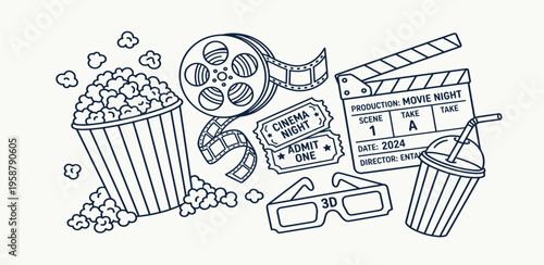 Hand-drawn doodle illustration of cinematic elements, perfect for movie nights and entertainment themes