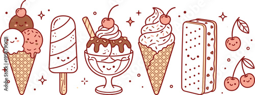 Kawaii Ice Cream Characters and Treats in Cute Illustrations A Sweet Collection