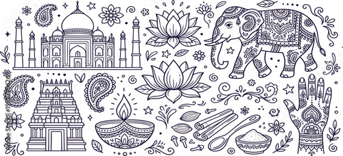 Illustrated Indian Cultural Icons Taj Mahal, Elephant, Lotus Flower, and Paisley Patterns