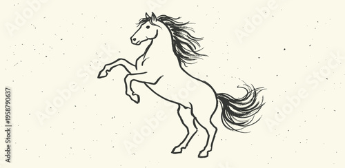 Drawing of a majestic horse rearing up on its hind legs with its mane flowing freely, representing power and freedom