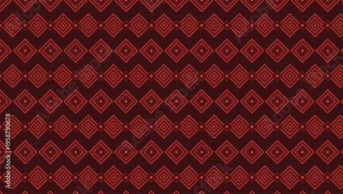 Geometric ethnic pattern with red diamond shapes on dark burgundy background, seamless tribal vector textile design, traditional folk ornament for fashion fabric and interior wallpaper