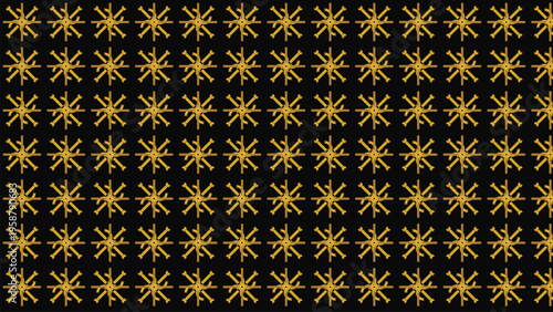 Golden geometric star pattern on black background, luxury seamless repeating vector ornament, elegant metallic sunburst tile for premium gift wrapping and high-end fashion textile design