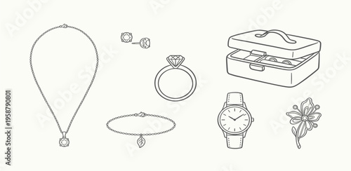 Collection of Elegant Jewelry and Accessories Necklace, Ring, Earrings, Bracelet, Watch, and Jewelry Box