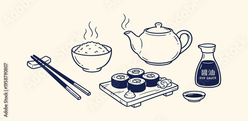 Vector line art depicting a Japanese culinary set delicious sushi, steaming rice, a traditional teapot, chopsticks, and soy sauce, ideal for Asian menus