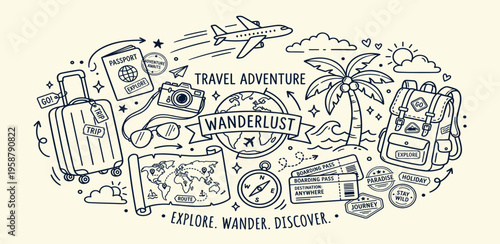 Whimsical line art illustration celebrating the joy of world travel and discovery, showcasing diverse elements of an exciting adventure and the call of wanderlust