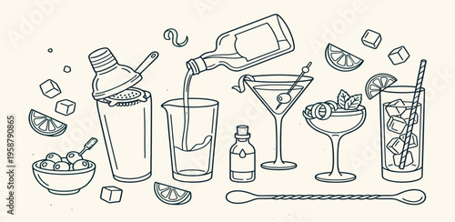 Line art illustration of cocktail essentials shakers, jiggers, bottles, citrus, ice, and garnished drinks, portraying the art of mixology