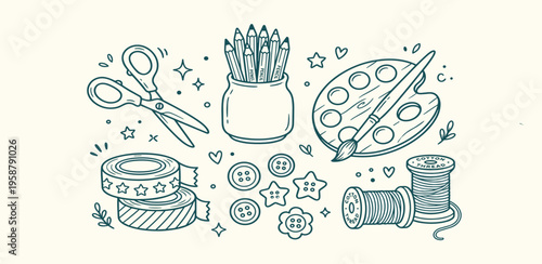A charming hand-drawn collection of crafting essentials, featuring scissors, paints, pencils, and sewing supplies, perfect for creative projects and artistic hobbies