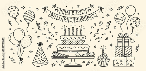 Detailed line art illustration showcasing a productive home office workspace with a laptop, hot coffee, a desk plant, calendar, and notepad, symbolizing remote work and daily tasks