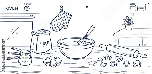 Delicious Homemade Cookies Baking Process with Flour, Eggs, and Baking Utensils