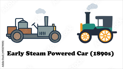 Early steam powered car icon from 1890s featuring vintage steam engine vehicle for automotive history evolution vector