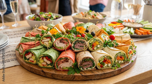 Assorted colorful wrap sandwiches on a wooden platter for catering