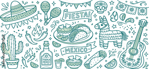 Vibrant Mexican Fiesta Doodle Art Featuring Traditional Symbols Like Sombreros, Maracas, Pinatas, Tacos, and Cacti