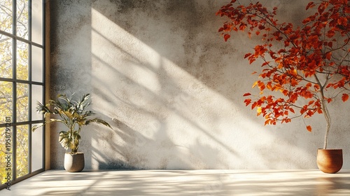 Wallpaper Mural Sunlight casting shadows on an empty room wall with potted plants autumn leaves and a serene atmosphere perfect for interior design concepts Torontodigital.ca