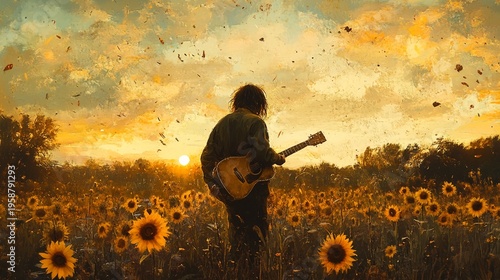 Wallpaper Mural Musician plays guitar in a serene sunflower field at sunset with warm lighting and a peaceful atmosphere Torontodigital.ca