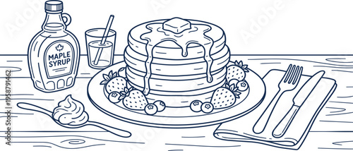 Line art breakfast illustration fluffy pancakes with butter, maple syrup, fresh berries, a syrup bottle, and cutlery, prepared for a delightful morning