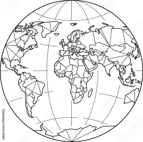 A Simple Black and White Illustration of the World Map Showing Continents and Countries with Graticule Lines