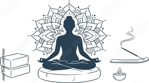 Serene illustration of a person meditating in a lotus pose, featuring a detailed mandala, yoga blocks, calming incense, and a flickering candle, evoking peace and mindfulness