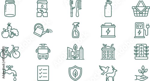 Collection of outline vector icons depicting various aspects of eco-friendly living, sustainability, and environmental responsibility.
