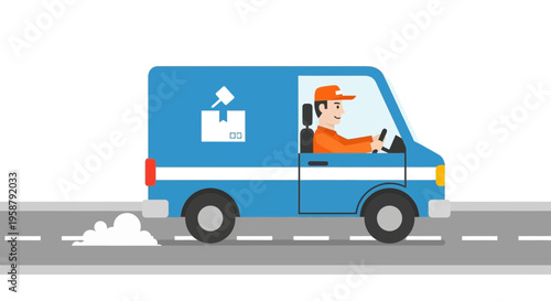 A delivery driver ensures safety while driving a van on a road.