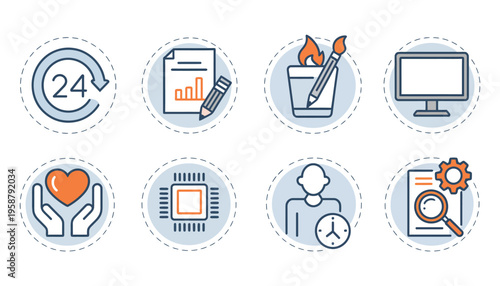 Line Icons Set with Heart Hold CPU Processor Waiting Signs Report Document SEO Stats Computer Creativity Concept 24 Hours Support Vector Illustration Design Concept