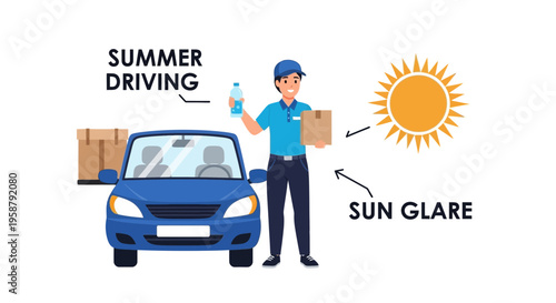 A delivery driver prioritizes safety while making a delivery under the sun glare.