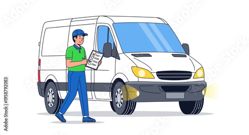 A delivery driver ensures safety while standing beside a white delivery van.