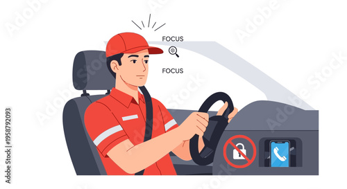 A delivery driver focuses on safe driving while maintaining road safety