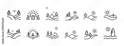 Nature and landscape outline icon set featuring mountain sunrise, forest hills, pine trees, desert cactus, ocean waves, sun over valley, and more vector illustration on editable stroke