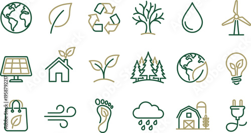 A comprehensive collection of diverse green and brown line icons representing environmental sustainability and renewable energy.