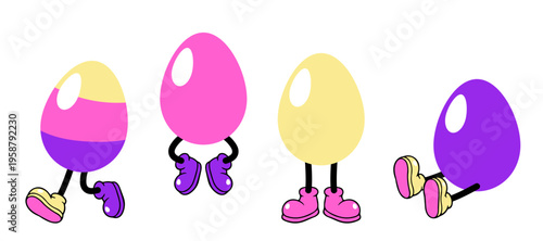 Set of funny cartoon Easter eggs with legs and shoes. Vector flat illustration of anthropomorphic egg characters walking and sitting