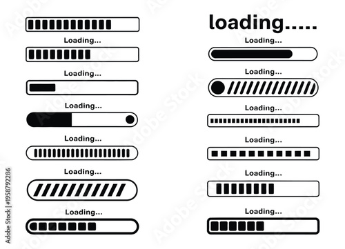 Loading Bar Progress Icons Collection Load Sign Set Buffer Loader Download Upload Horizontal Bars Loading Status UI Elements Vector Illustration Design Concept
