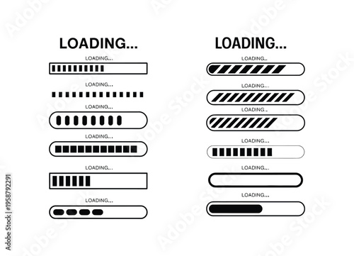 Loading Bar Progress Icons Collection Load Sign Set Buffer Loader Download Upload Horizontal Bars Loading Status UI Elements Vector Illustration Design Concept