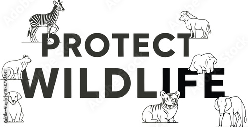 Protect wildlife text design with various wild animal illustrations.  "Happy Earth Day" 