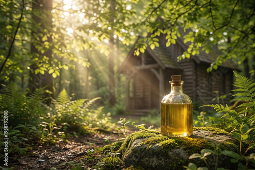 Glass bottle of golden anointing holy oil resting on a mossy stone in a sunlit green forest with a rustic wooden cabin