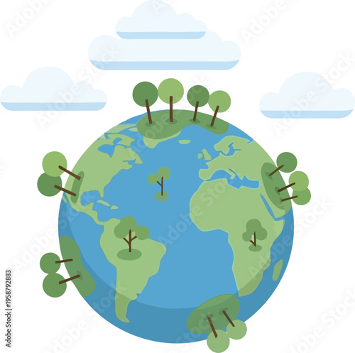 Cartoon illustration of planet earth with green trees and clouds
