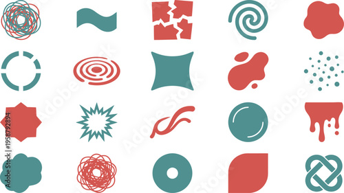 A diverse collection of abstract vector icons and graphic elements in teal and coral colors.