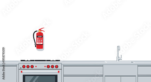 A red fire extinguisher is mounted on a white kitchen wall above a grey counter with a stove and sink.