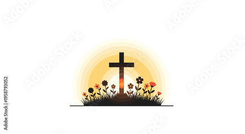 A black cross silhouette stands on a grassy hill with flowers against a radiating yellow and orange sunburst.